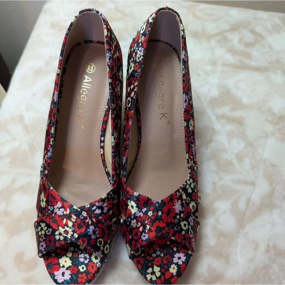 Allegra K Women's Peep Toe Platform Floral Espadrille Wedge Sandals Size 9